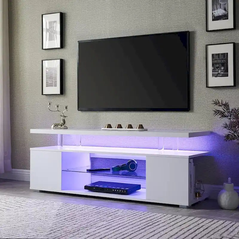 Console multimédia avec grand placard latéral pour salon - Blanc