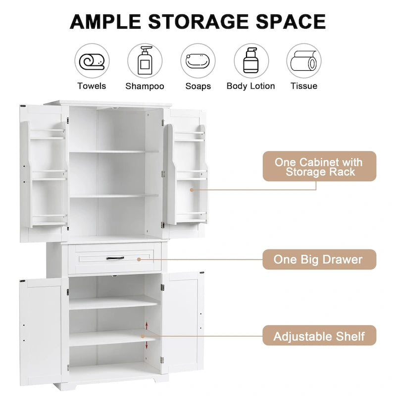 Meuble de rangement de salle de bain avec portes et tiroir, Espaces de rangement multiples, Étagère réglable