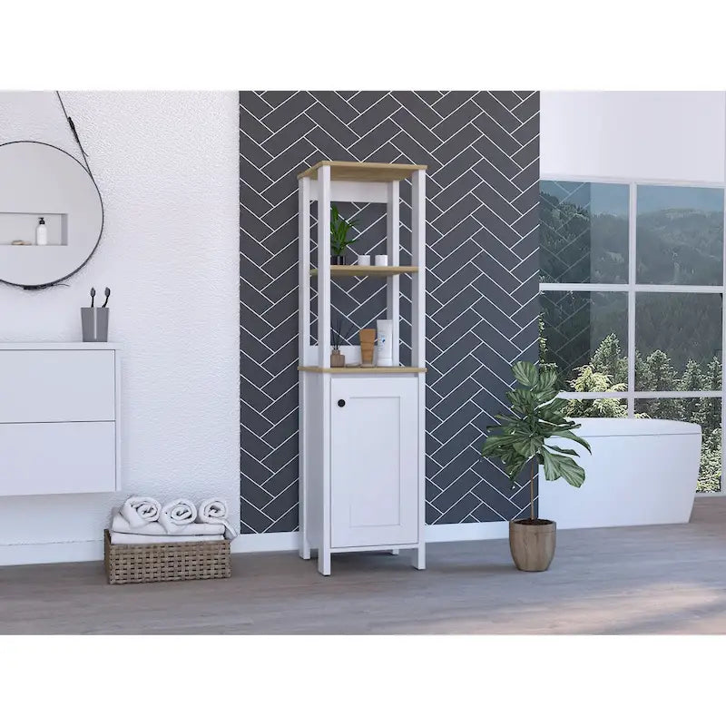 Meuble de Rangement Jannes, Deux Niches Ouvertes, Une Porte, Chêne Clair / Blanc