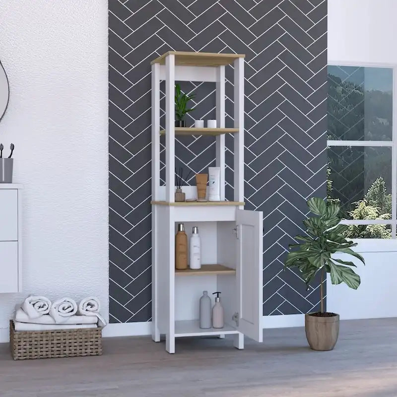 Meuble de Rangement Jannes, Deux Niches Ouvertes, Une Porte, Chêne Clair / Blanc
