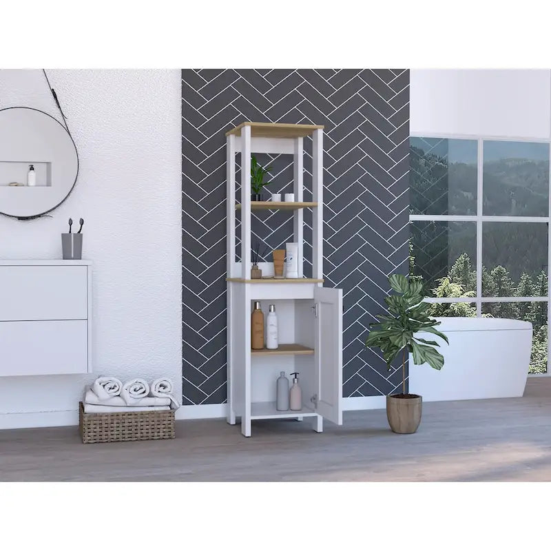 Meuble de Rangement Jannes, Deux Niches Ouvertes, Une Porte, Chêne Clair / Blanc