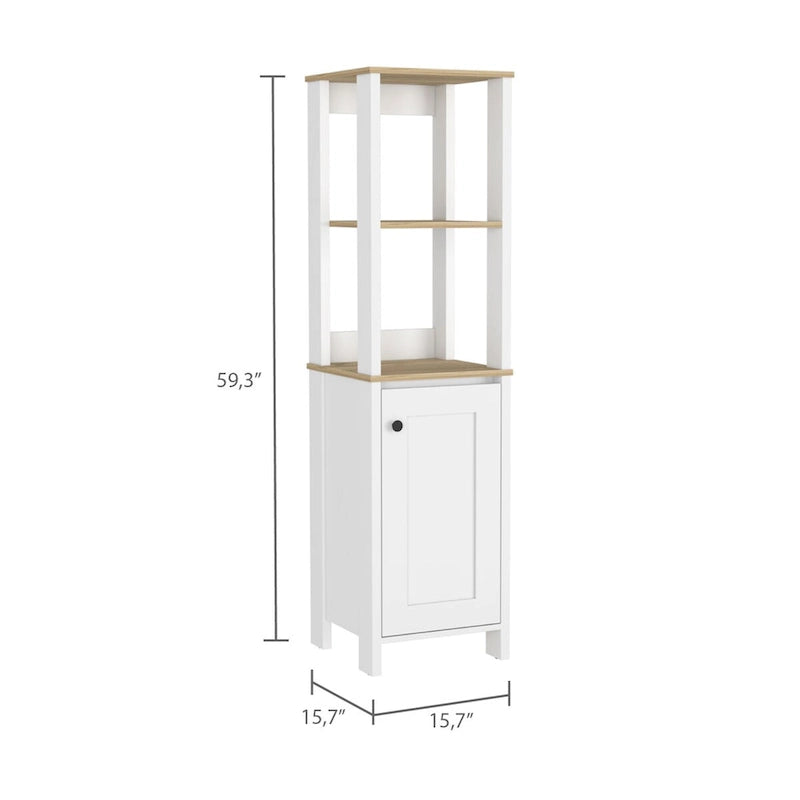 Meuble de Rangement Jannes, Deux Niches Ouvertes, Une Porte, Chêne Clair / Blanc