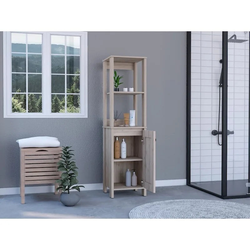 Meuble de Rangement Jannes, Deux Niches Ouvertes, Une Porte, Chêne Clair / Blanc