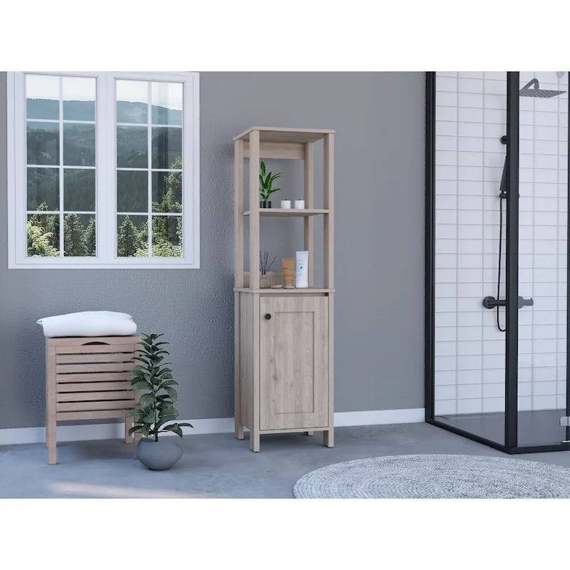Meuble de Rangement Jannes, Deux Niches Ouvertes, Une Porte, Chêne Clair / Blanc