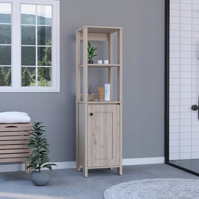 Meuble de Rangement Jannes, Deux Niches Ouvertes, Une Porte, Chêne Clair / Blanc