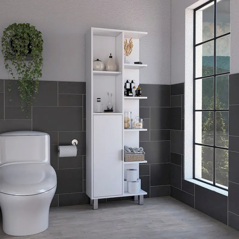 Meuble de salle de bain de 160 cm de hauteur avec sept étagères ouvertes pour le rangement du linge de maison