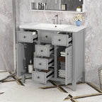 Meuble-lavabo avec vasque en céramique, deux placards et cinq tiroirs