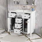 Meuble-lavabo avec vasque en céramique, deux placards et cinq tiroirs