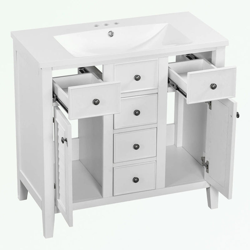 Meuble-lavabo avec vasque en céramique, deux placards et cinq tiroirs