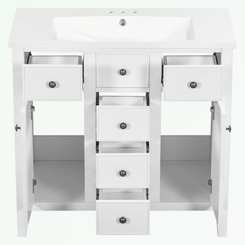 Meuble-lavabo avec vasque en céramique, deux placards et cinq tiroirs