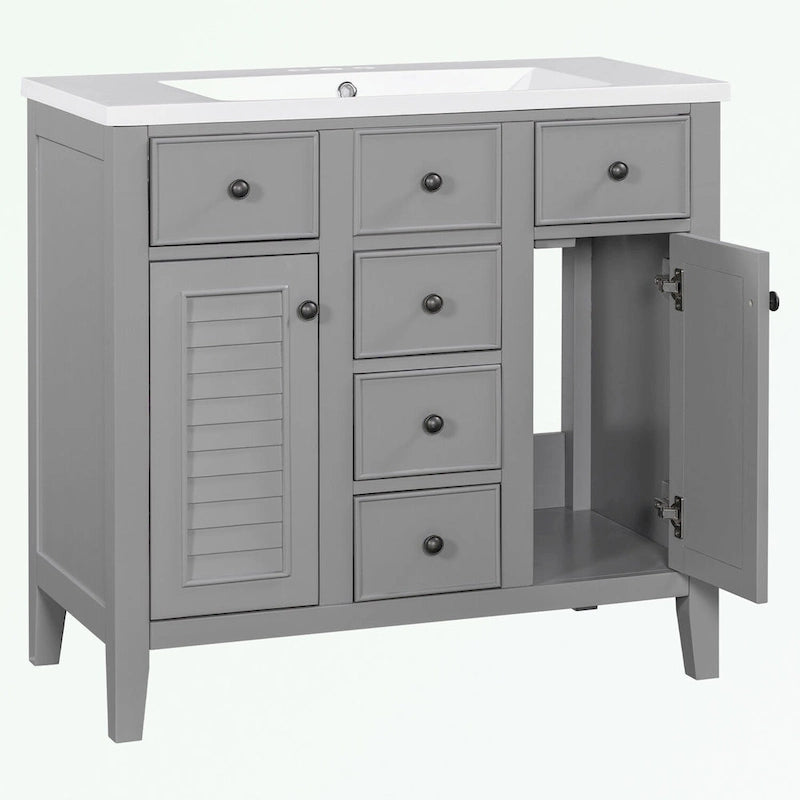 Meuble-lavabo avec vasque en céramique, deux placards et cinq tiroirs