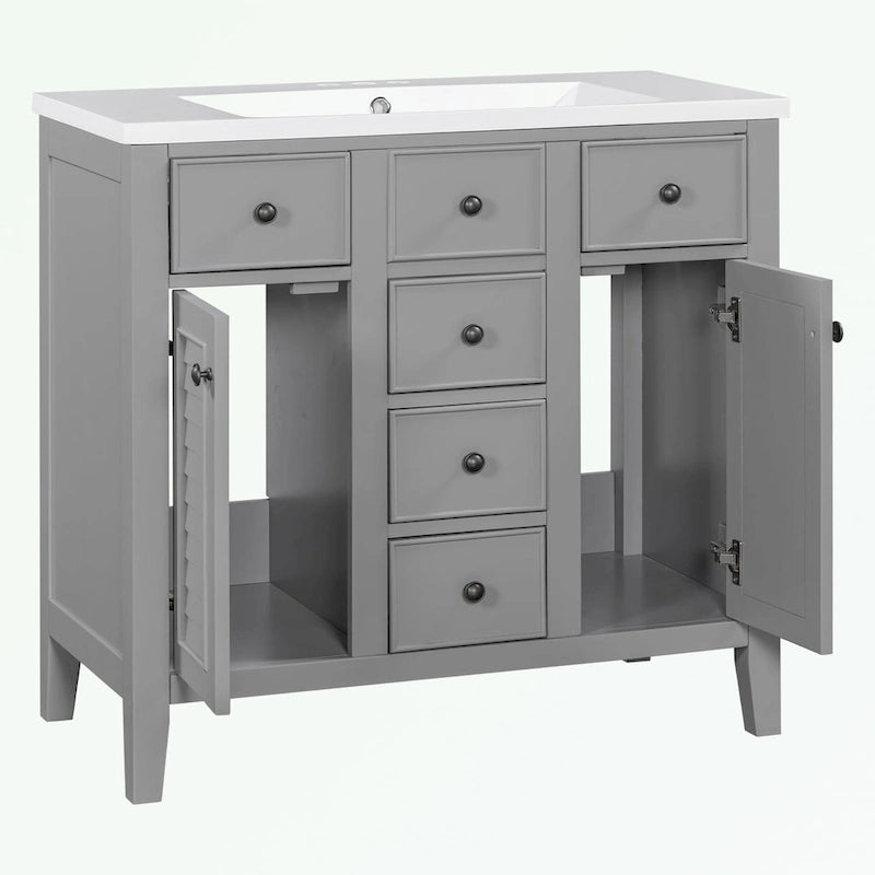 Meuble-lavabo avec vasque en céramique, deux placards et cinq tiroirs