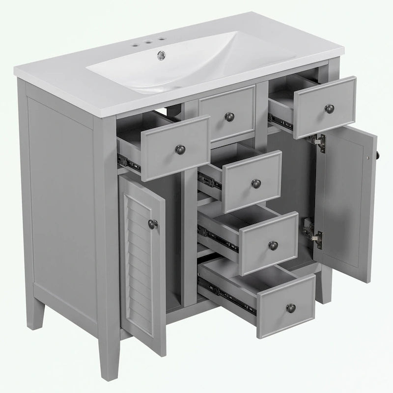 Meuble-lavabo avec vasque en céramique, deux placards et cinq tiroirs