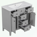 Meuble-lavabo avec vasque en céramique, deux placards et cinq tiroirs