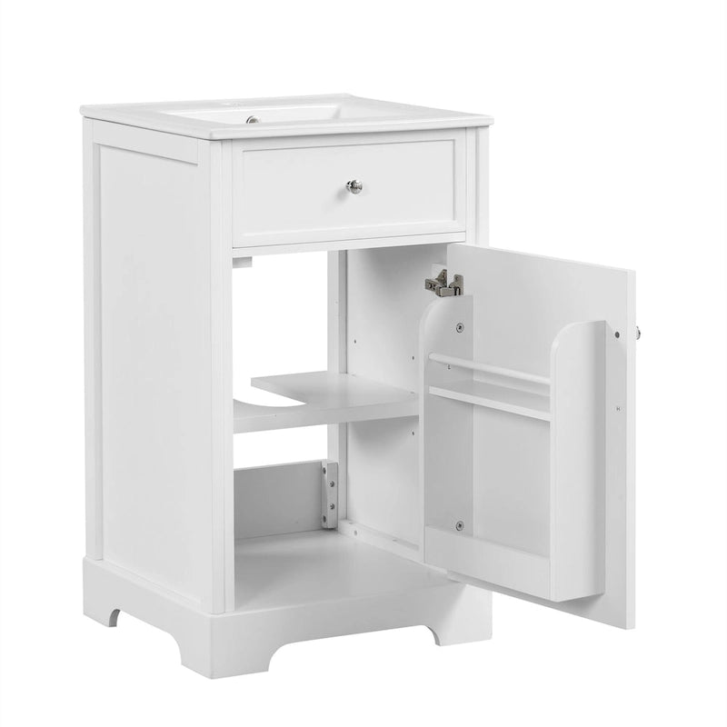 Meuble de salle de bain de 20 pouces avec lavabo, armoire de salle de bain avec porte à fermeture douce, étagère de rangement et étagère réglable, blanc