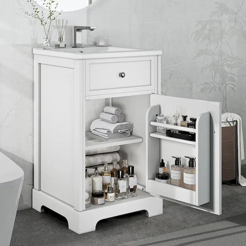 Meuble de salle de bain de 20 pouces avec lavabo, armoire de salle de bain avec porte à fermeture douce, étagère de rangement et étagère réglable, blanc