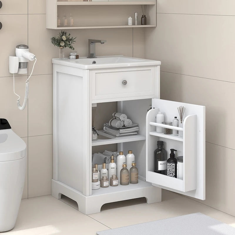 Meuble de salle de bain de 20 pouces avec lavabo, armoire de salle de bain avec porte à fermeture douce, étagère de rangement et étagère réglable, blanc