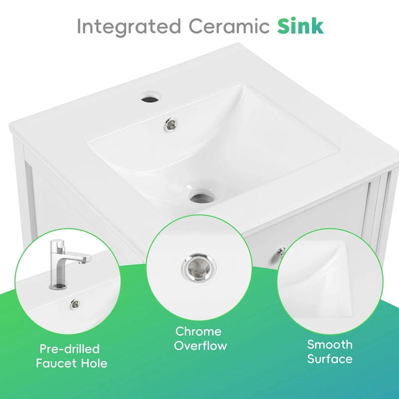 Meuble de salle de bain de 20 pouces avec lavabo, armoire de salle de bain avec porte à fermeture douce, étagère de rangement et étagère réglable, blanc