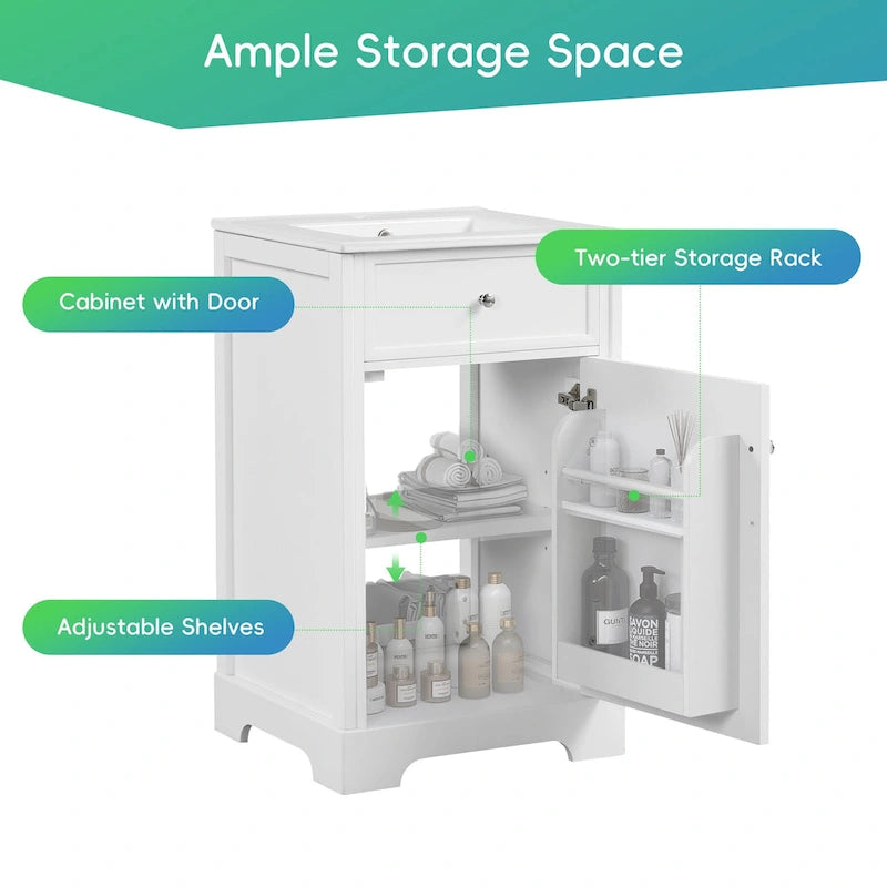 Meuble de salle de bain de 20 pouces avec lavabo, armoire de salle de bain avec porte à fermeture douce, étagère de rangement et étagère réglable, blanc