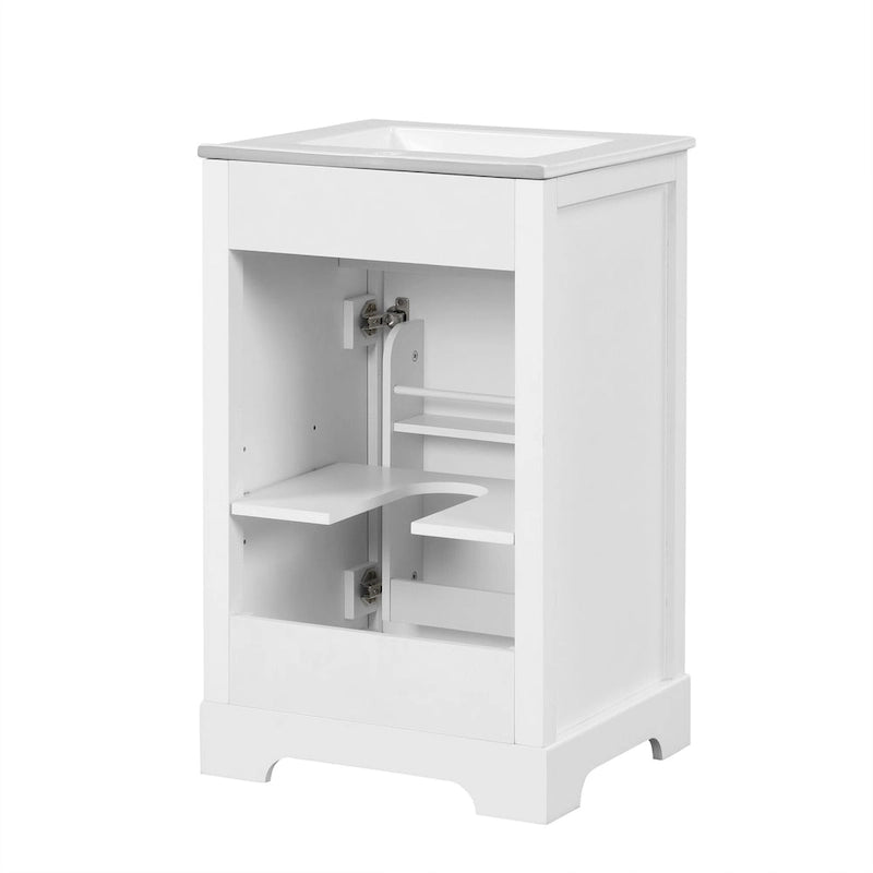 Meuble de salle de bain de 20 pouces avec lavabo, armoire de salle de bain avec porte à fermeture douce, étagère de rangement et étagère réglable, blanc