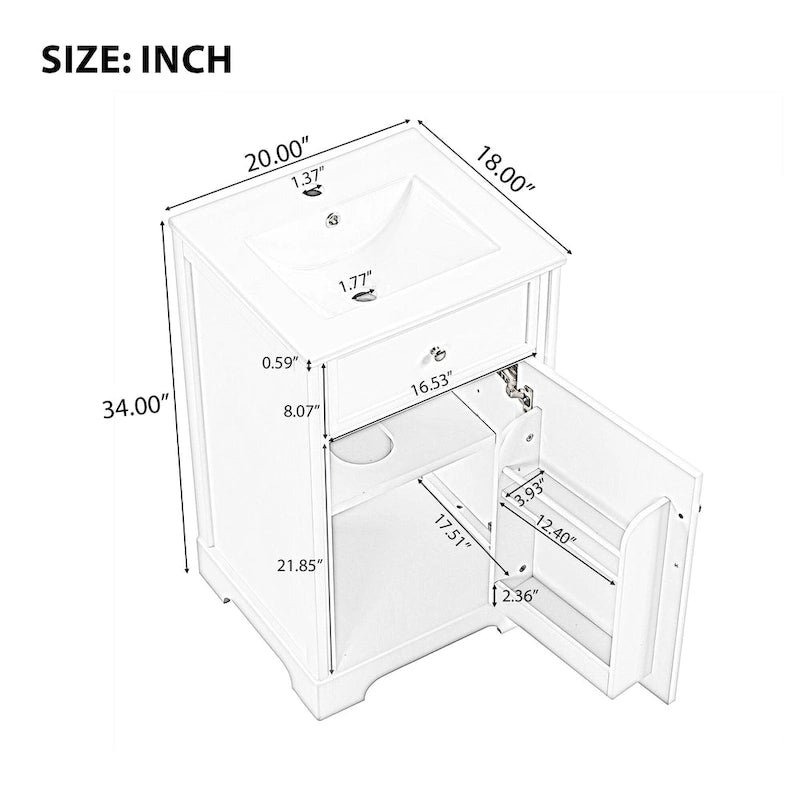 Meuble de salle de bain de 20 pouces avec lavabo, armoire de salle de bain avec porte à fermeture douce, étagère de rangement et étagère réglable, blanc