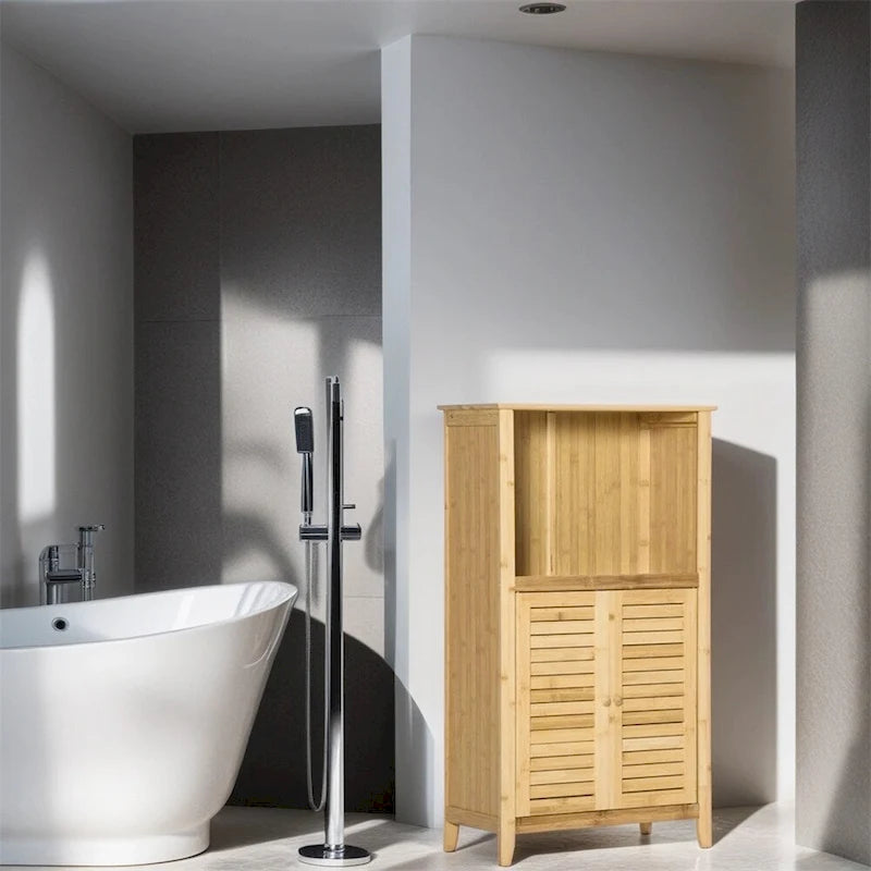Meuble de salle de bain en bambou avec étagère et patins anti-basculement - S.O.