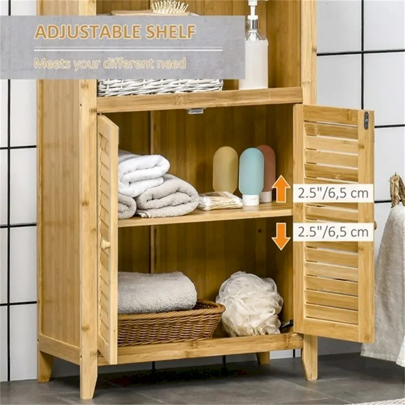 Meuble de salle de bain en bambou avec étagère et patins anti-basculement - S.O.