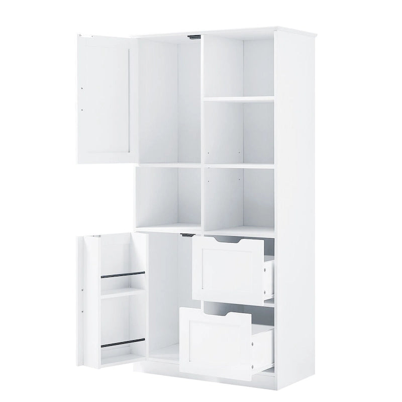 Meuble de rangement de salle de bain avec portes et tiroirs, plusieurs espaces de rangement, style autoportant, étagère ouverte, étagère réglable, blanc
