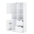 Meuble de rangement de salle de bain avec portes et tiroirs, plusieurs espaces de rangement, style autoportant, étagère ouverte, étagère réglable, blanc