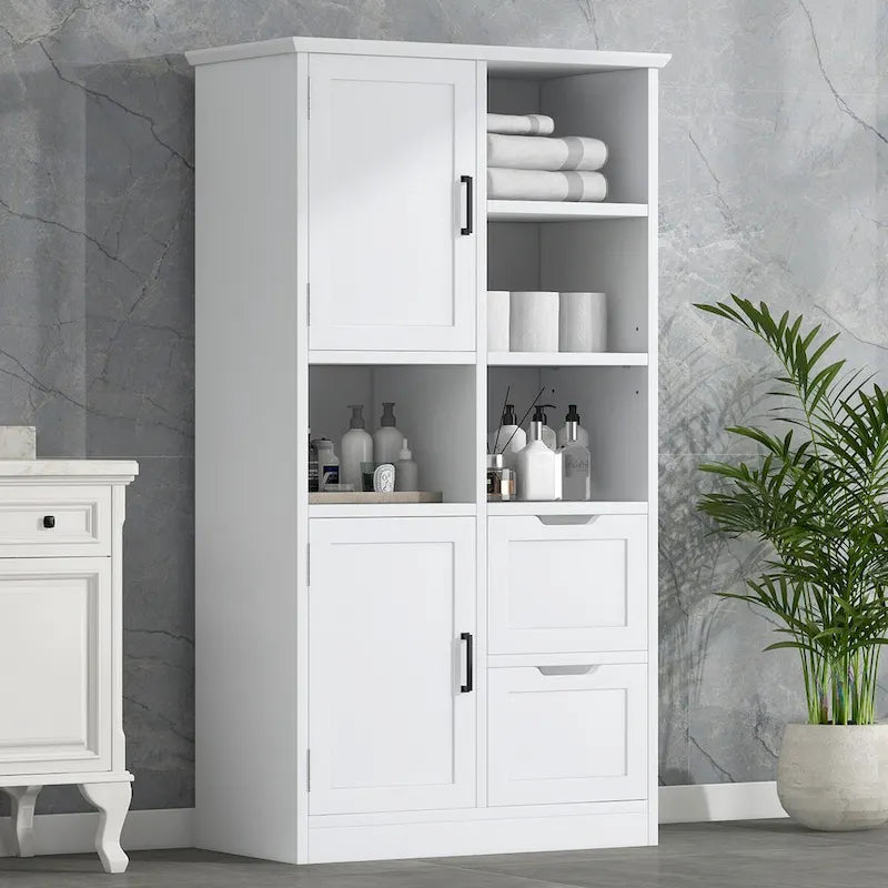 Meuble de rangement de salle de bain avec portes et tiroirs, plusieurs espaces de rangement, style autoportant, étagère ouverte, étagère réglable, blanc