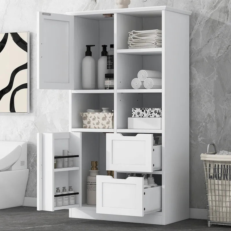Meuble de rangement de salle de bain avec portes et tiroirs, plusieurs espaces de rangement, style autoportant, étagère ouverte, étagère réglable, blanc