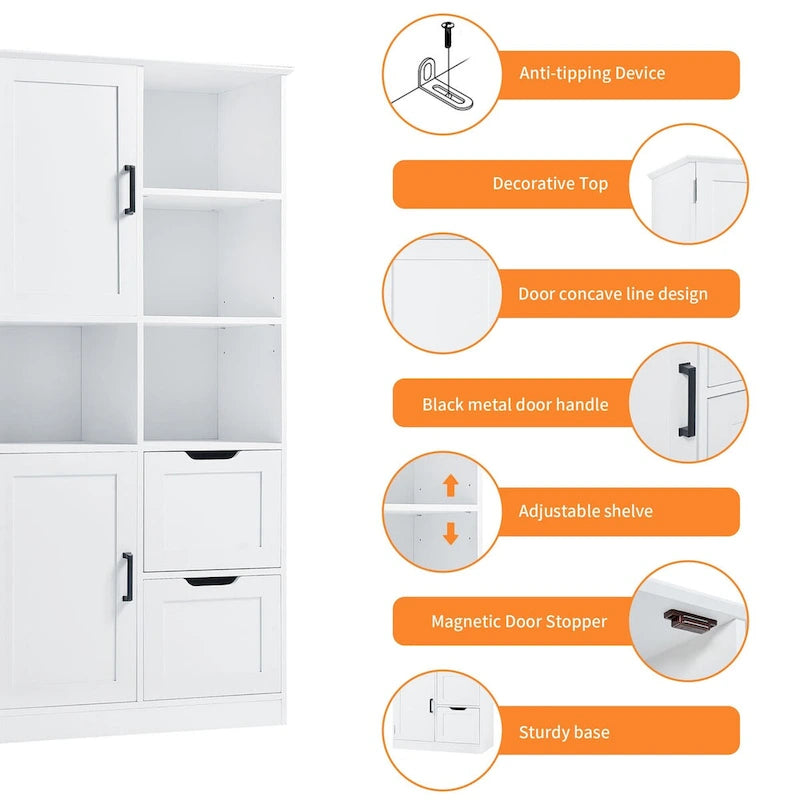 Meuble de rangement de salle de bain avec portes et tiroirs, plusieurs espaces de rangement, style autoportant, étagère ouverte, étagère réglable, blanc