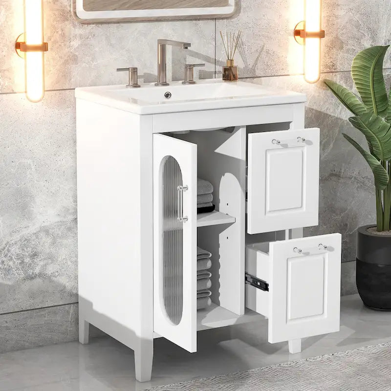 Meuble-lavabo de salle de bain avec deux tiroirs et porte