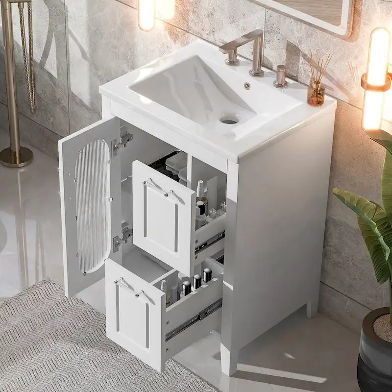 Meuble-lavabo de salle de bain avec deux tiroirs et porte