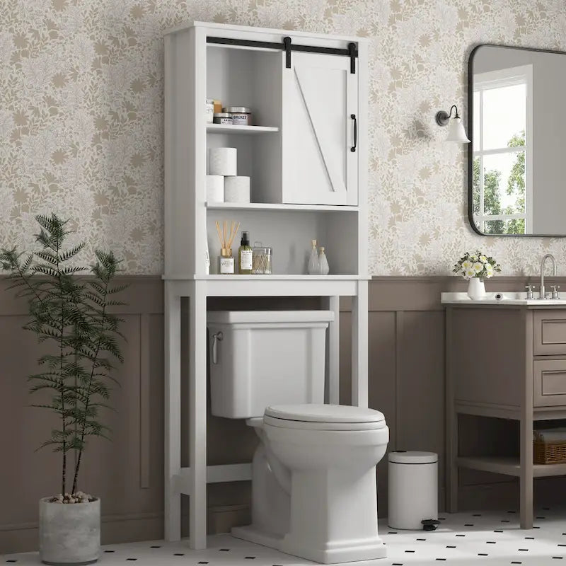 Meuble de rangement de salle de bain au-dessus des toilettes avec étagères réglables et porte coulissante style grange