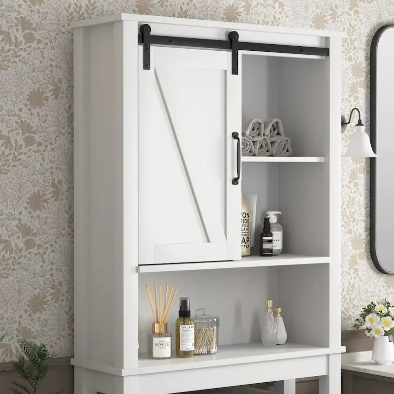 Meuble de rangement de salle de bain au-dessus des toilettes avec étagères réglables et porte coulissante style grange