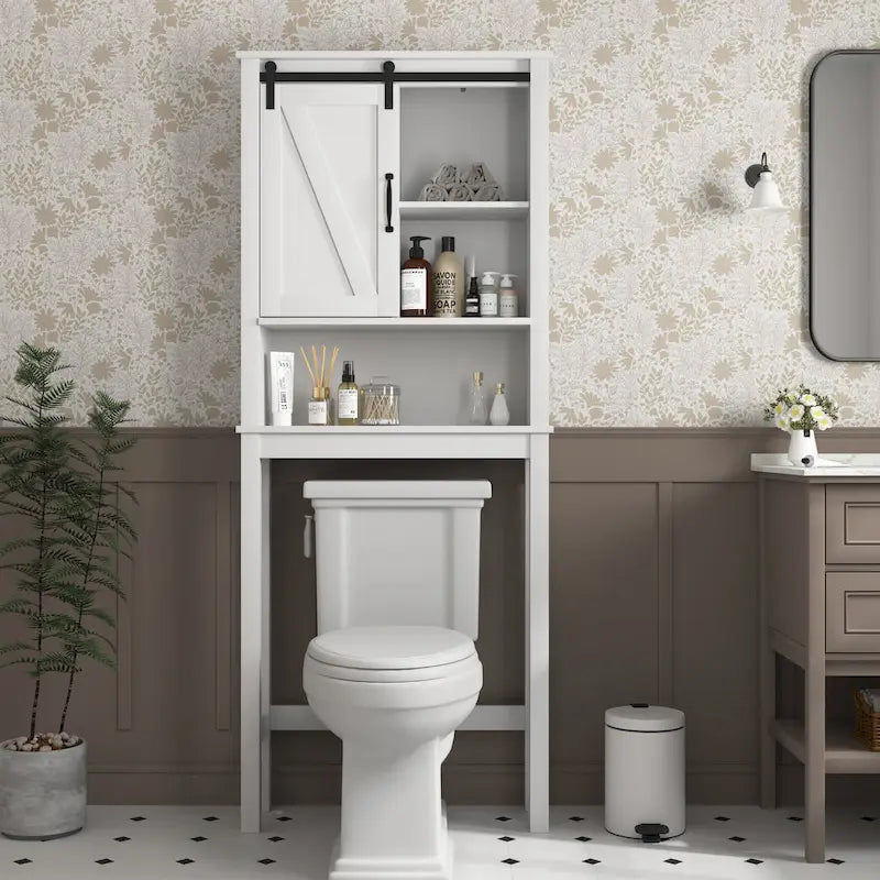Meuble de rangement de salle de bain au-dessus des toilettes avec étagères réglables et porte coulissante style grange