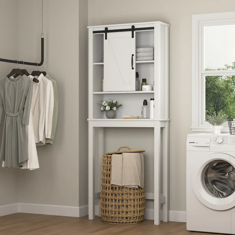 Meuble de rangement de salle de bain au-dessus des toilettes avec étagères réglables et porte coulissante style grange