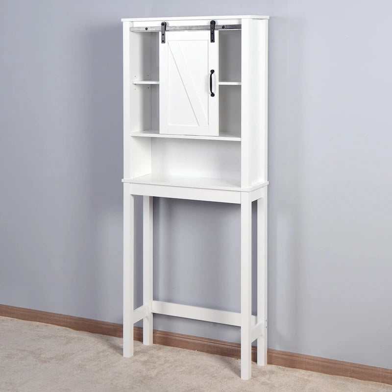 Meuble de rangement de salle de bain au-dessus des toilettes avec étagères réglables et porte coulissante style grange