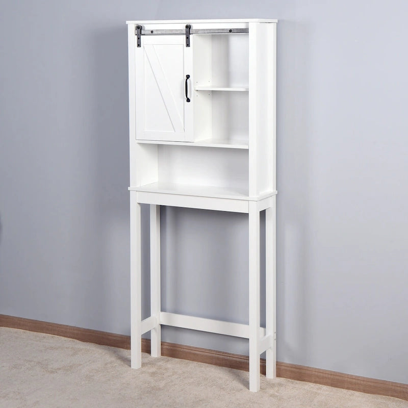 Meuble de rangement de salle de bain au-dessus des toilettes avec étagères réglables et porte coulissante style grange