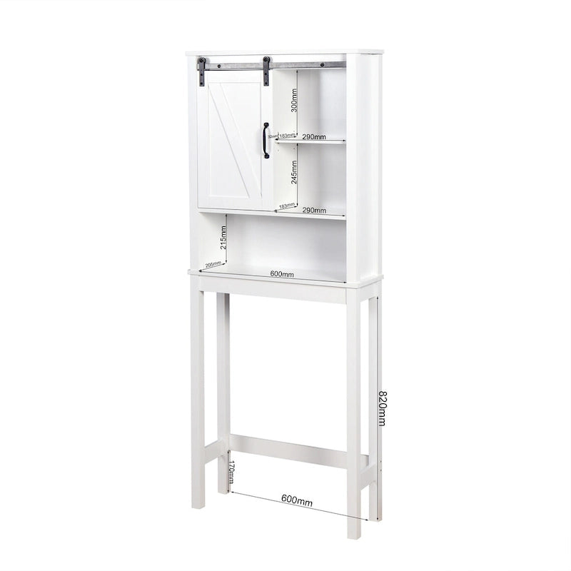 Meuble de rangement de salle de bain au-dessus des toilettes avec étagères réglables et porte coulissante style grange