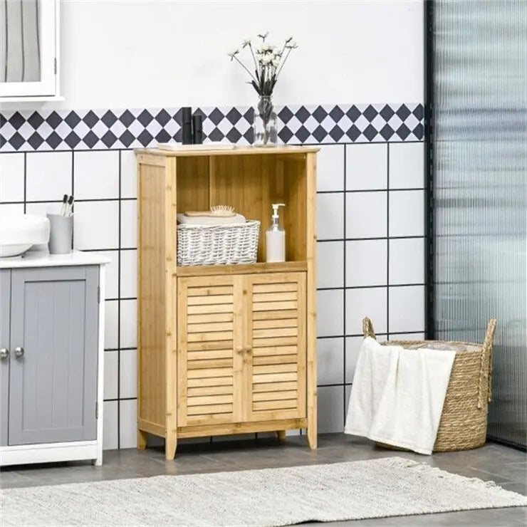 Meuble de salle de bain en bambou naturel avec étagère réglable