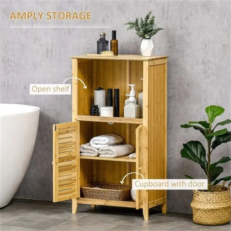 Meuble de salle de bain en bambou naturel avec étagère réglable