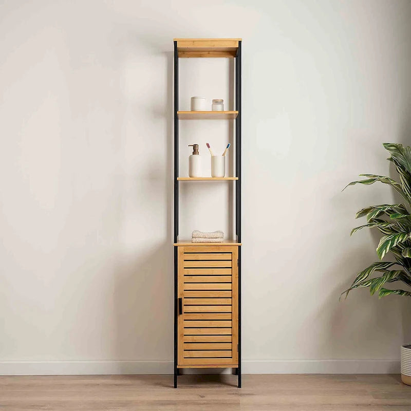Meuble de rangement fin Natural avec étagères, cadre noir moderne – 13,4L x 12P x 68H