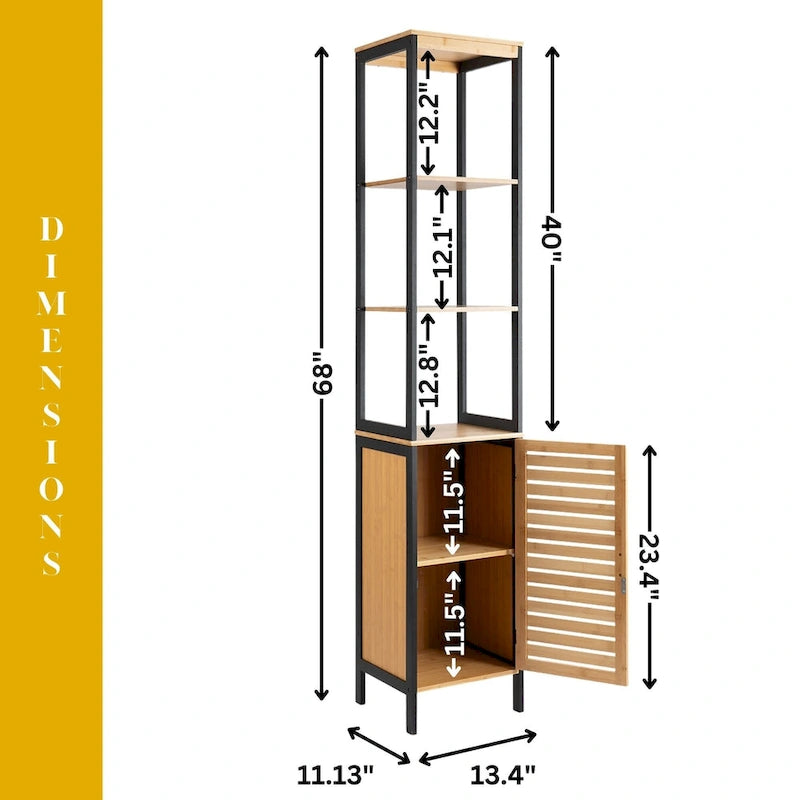Meuble de rangement fin Natural avec étagères, cadre noir moderne – 13,4L x 12P x 68H