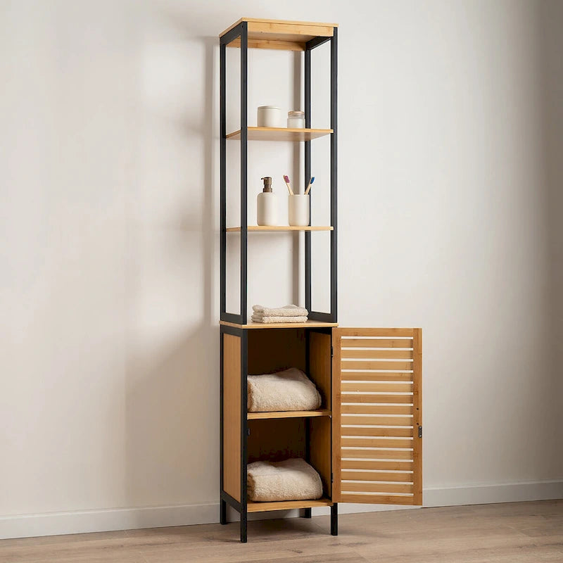Meuble de rangement fin Natural avec étagères, cadre noir moderne – 13,4L x 12P x 68H