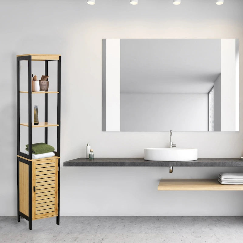 Meuble de rangement fin Natural avec étagères, cadre noir moderne – 13,4L x 12P x 68H