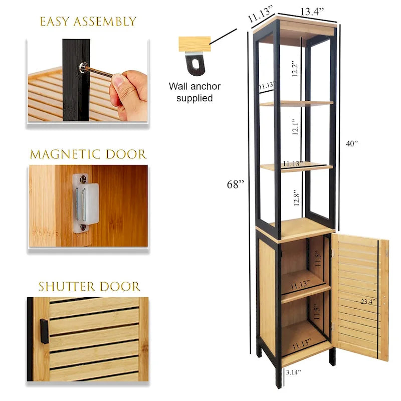 Meuble de rangement fin Natural avec étagères, cadre noir moderne – 13,4L x 12P x 68H