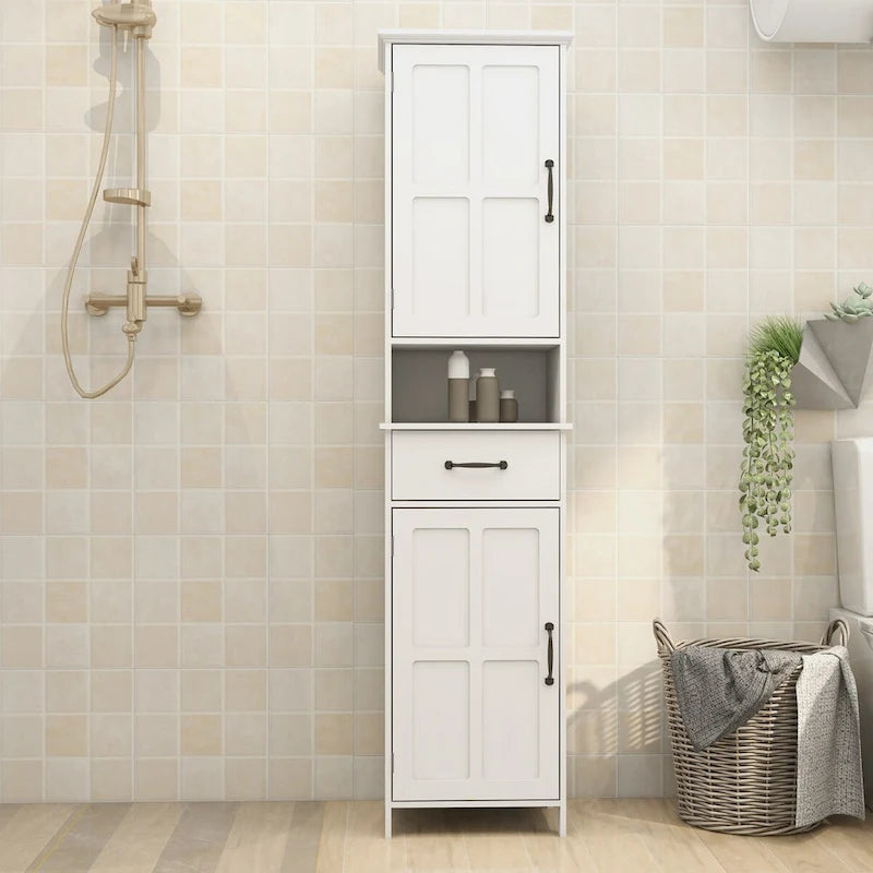 Meuble de rangement haut de salle de bain, armoire étroite à double porte, meuble sur pied fin