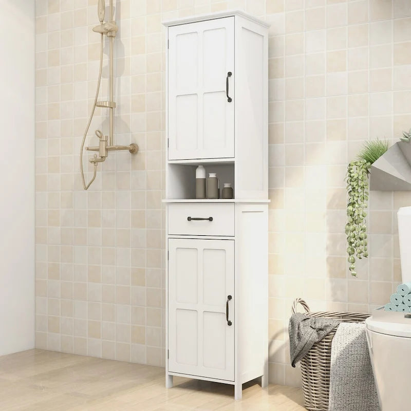 Meuble de rangement haut de salle de bain, armoire étroite à double porte, meuble sur pied fin